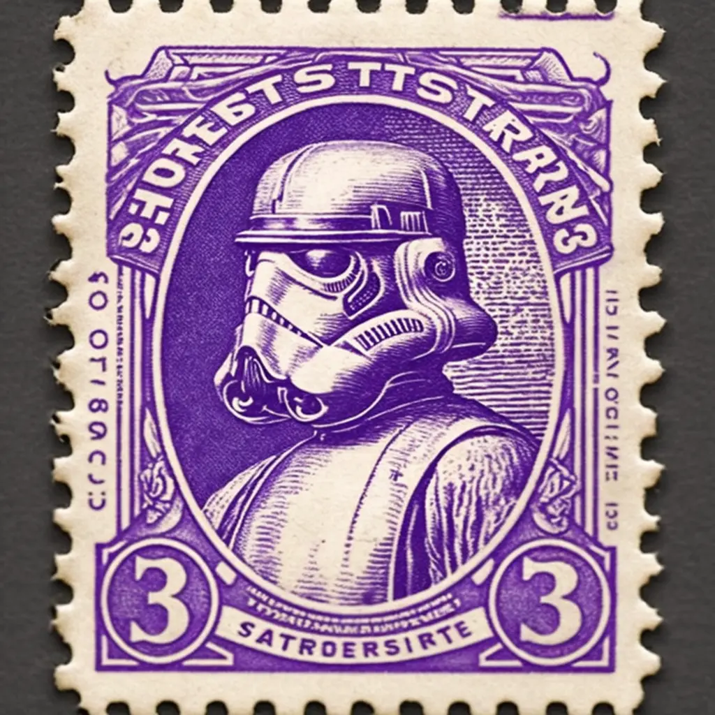 vintage United States Postage Stamp, 3 cent stamp, Stormtrooper full body, purple ink, line engraving, intaglio